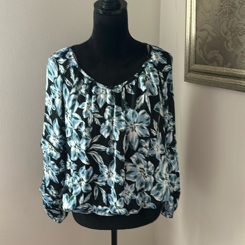 Fred David blue floral print elastic waist long sleeves blouse top Sz M